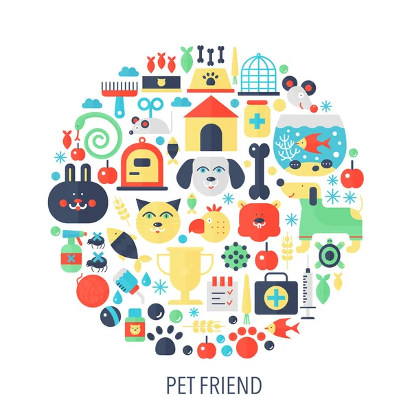 Pet friend infografica piatta icone in cerchio - concetto di colore illustrazione per pet store copertina, emblema, modello . — Vettoriale Stock