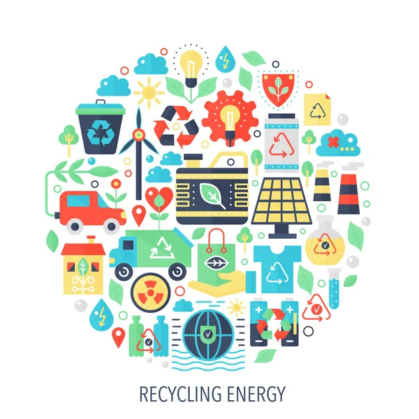 Reciclagem de energia verde ícones infográficos planos em círculo - ilustração conceito de cor para reciclagem de cobertura de energia, emblema, modelo . — Vetor de Stock