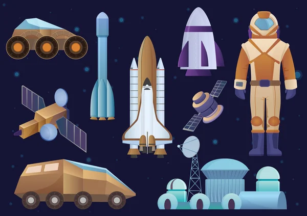 Rymdfarkoster, koloni byggnad, raket, kosmonaut i rymddräkt, satellit och fördärvar robot rover set. Vector galax utrymme set. — Stock vektor