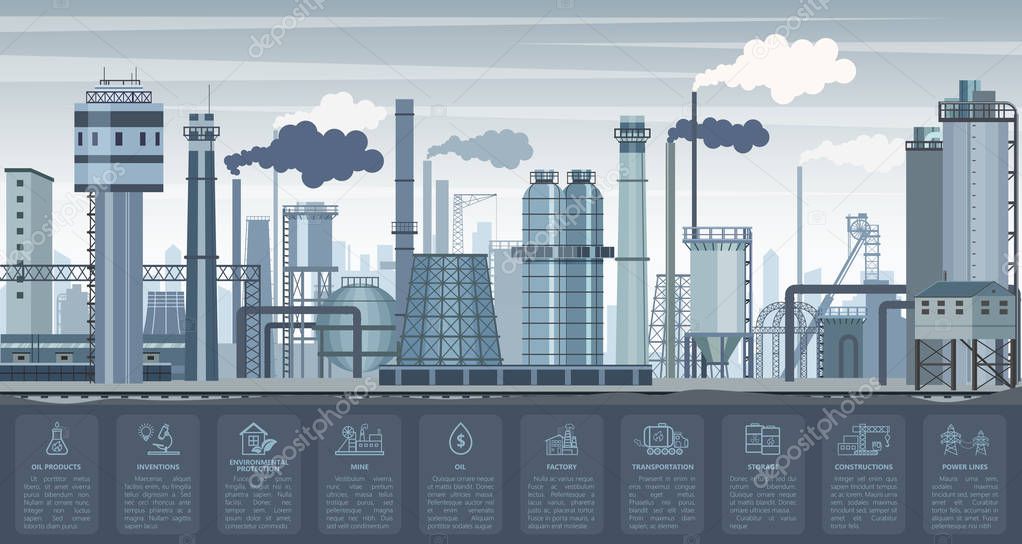 Industrial infographics with factories and plants and icons symbols charts. Vector Industry illustration.