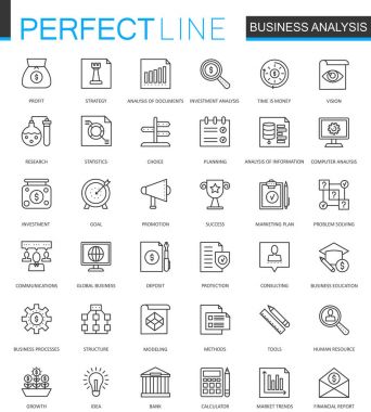 Business analytics ince çizgi web Icons set. Finans strateji bilgi anahattı kontur simgeleri tasarım.