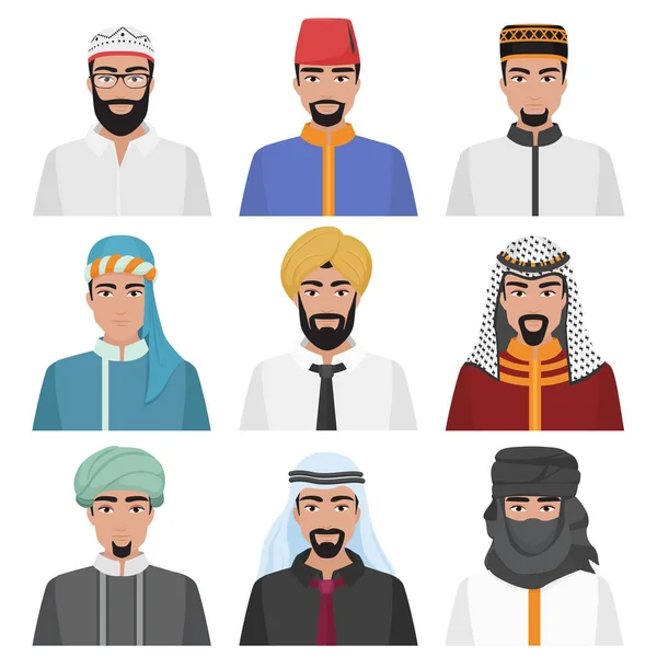 Orta Doğu erkek avatar küme. Arap Müslüman erkek yüz koleksiyonu. Vektör çizim.