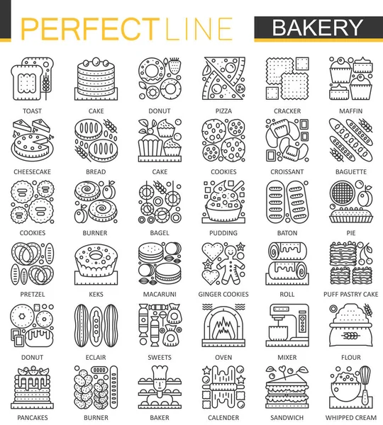 Bakkerij overzichtsknoppen mini concept. Gebak eten moderne lijn lineaire stijl illustraties instellen. Voedsel Perfect dunne lijn pictogrammen. — Stockvector