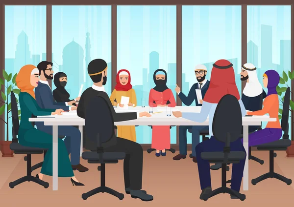 Arabische Geschäftsleute diskutieren die Besprechung moderner Bürotische. Muslimische Konferenz flache Cartoon-Vektor-Illustration. — Stockvektor