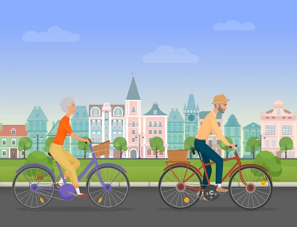 Personagem sênior ativo, viajantes da idade. Velho casal de turistas aposentados. Idosos andando de bicicleta perto do antigo parque da cidade. Desenhos animados ilustração vetorial . — Vetor de Stock