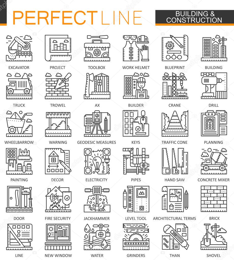 Building and construction outline mini concept symbols. Home repair tools modern stroke linear style illustrations set. Perfect thin line icons.