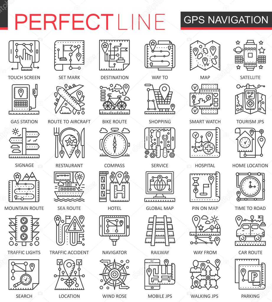 Navigation outline mini concept symbols. GPS location map modern stroke linear style illustrations set. Perfect thin line icons.