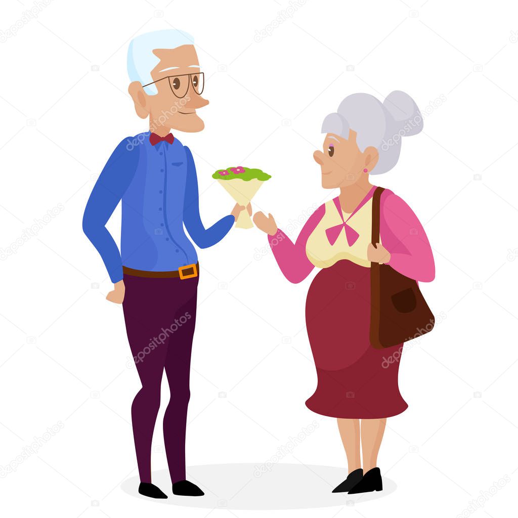 Grandpa gives flowers to grandma. Happy grandparents together isolated. Grandparents day. Grandpa and grandma. Elderly couple. Cartoon vector illustration.