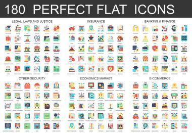 180 vektör yasal karmaşık düz simgeler kavramı sembolleri, yasalar ve adalet, sigorta, Bankacılık Finans, siber güvenlik, ekonomi market, e-ticaret. Web Infographic simgesi tasarım.