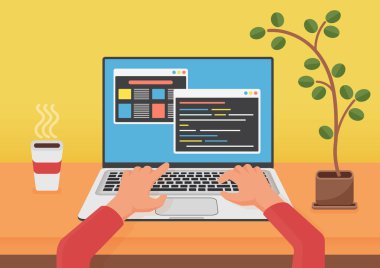 Programlama, Web geliştirme kavramı kodlama. Programcı coder el dizüstü bilgisayar kullanarak. Lapto ekranda kod. Düz vektör çizim.