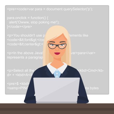 Masaüstü oturan ve kod ile laptop çalışma vektör genç oldukça güzel sarışın Bayan siyah programcısı. Profesyonel kadın kadın karakter kodlama.