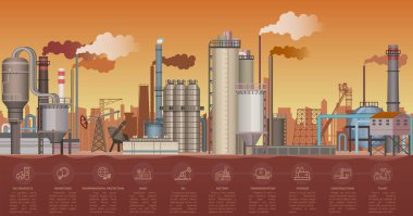 Ağır endüstriyel Fabrika binaları manzara. Vektör çizim Infographic simgeler öğeleri ile. Boru Fabrikası çevre kirletici Sigara.