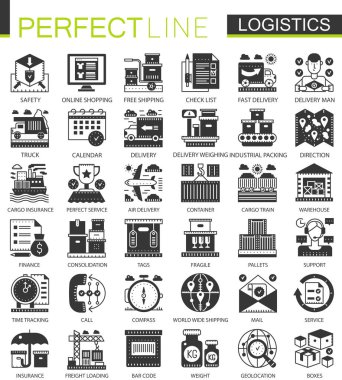Lojistik Taşımacılık siyah mini kavramı simgeler ve Infographic sembolleri ayarla
