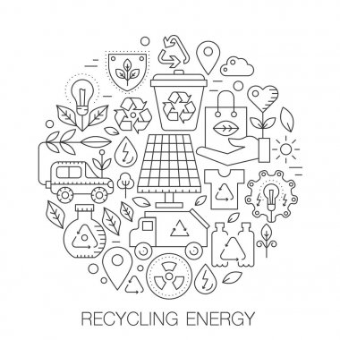 Daire - kavram hat illüstrasyon kapak, amblem, rozet için enerji geri dönüşüm. Yeşil enerji ince çizgi kontur simgeleri geri dönüşüm ayarla.