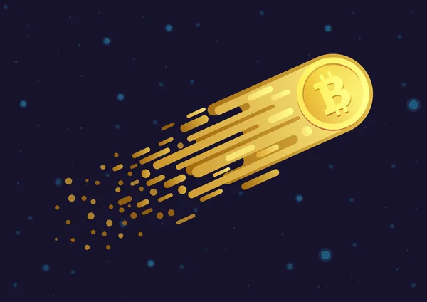 Векторний мультфільм ілюстрація комета з Золотий bitcoin символ літати в просторі відкритим галактики. — стоковий вектор