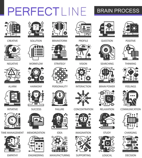 Hersenen geest proces zwarte mini concept pictogrammen en symbolen die infographic instellen. — Stockvector