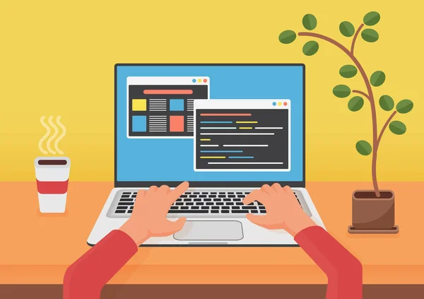 プログラミング、web 開発コンセプトをコーディングします。プログラマ コーダーの手のラップトップを使用します。Lapto 画面上のコードします。フラットのベクトル図. — ストックベクタ