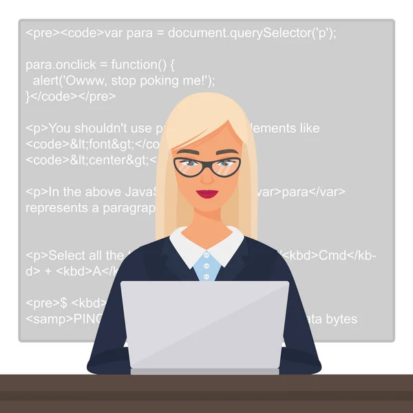 Vector young pretty beautiful blond lady black programmer sitting at the desktop and working on the laptop with code. Professional female woman character coding. — Stock Vector