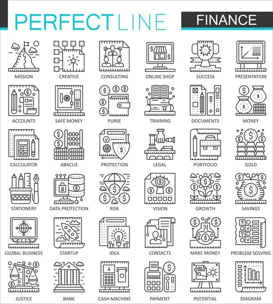 Finanzas bancarias esbozan mini símbolos conceptuales. Dinero banca en línea moderno trazo estilo lineal ilustraciones conjunto. Iconos de línea delgada perfecta . — Archivo Imágenes Vectoriales
