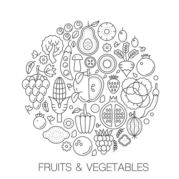 Fruits vegetables food in circle - concept line illustration for cover, emblem, badge. Fruits vegetables thin line stroke icons set. — Stock Vector