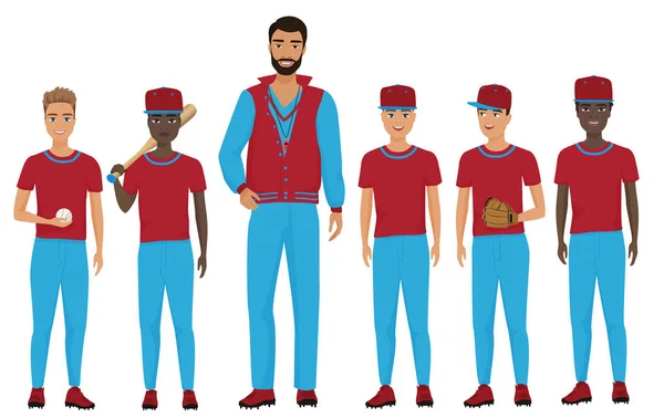 Equipo de béisbol de niños de la escuela con un entrenador de staing juntos. Ilustración vectorial . — Vector de stock