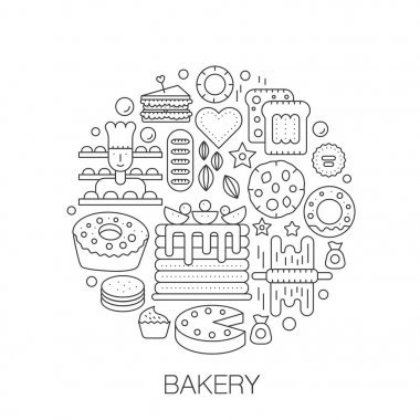 Ekmek pasta daire - kavram hat illüstrasyon kapak, amblem, rozeti için. Lezzetli tatlı gıda ince çizgi kontur Icons set.