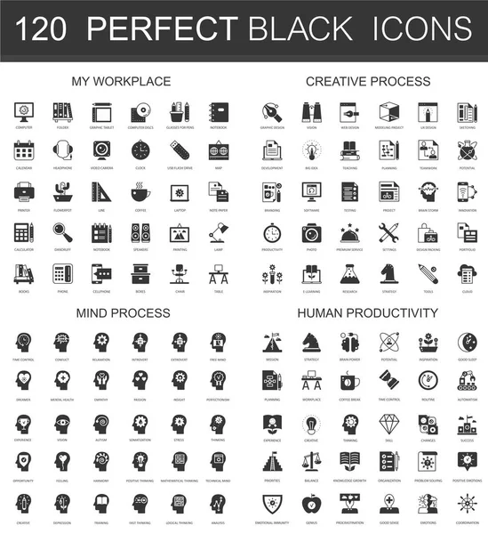 My workplace, creative process, mind process, human productivity black mini concept icons symbols. Modern vector icon pictogram set — Stock Vector