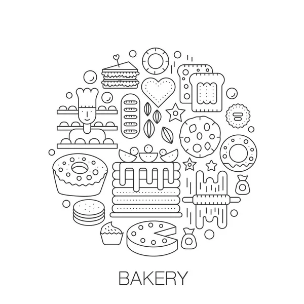 Ciasto piekarni w koło - ilustracja koncepcja linia na tle, godło, odznaka. Zestaw ikon smaczny słodki żywności cienka linia obrysu. — Wektor stockowy