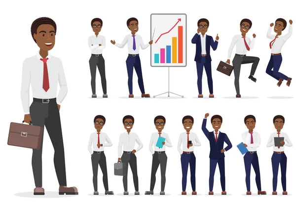 African American affärsman karaktär olika utgör design. Vektor tecknad mannen illustration. — Stock vektor