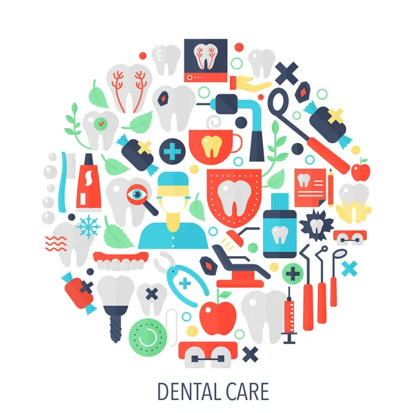 Cuidados dentários ícones infográficos planos em círculo - ilustração conceito de cor para capa dental, emblema, modelo . — Vetor de Stock