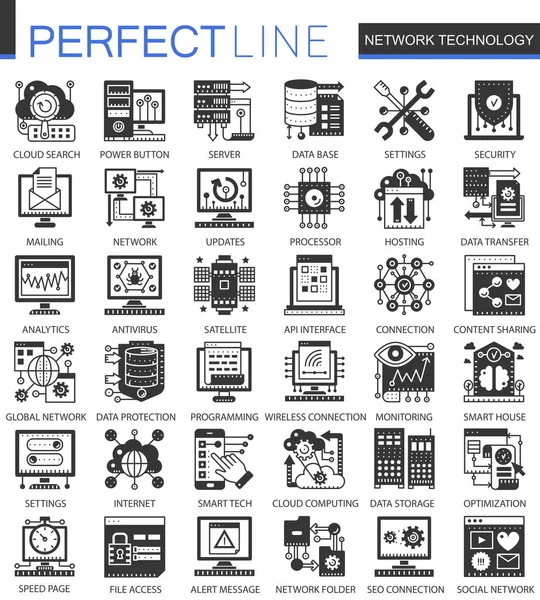 Network technology black mini concept icons and infographic symbols set — Stock Vector