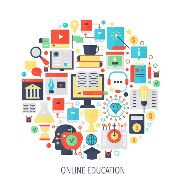 Educação online moderna ícones infográficos planos em círculo - ilustração conceito de cor para capa de educação, emblema, modelo . — Vetor de Stock
