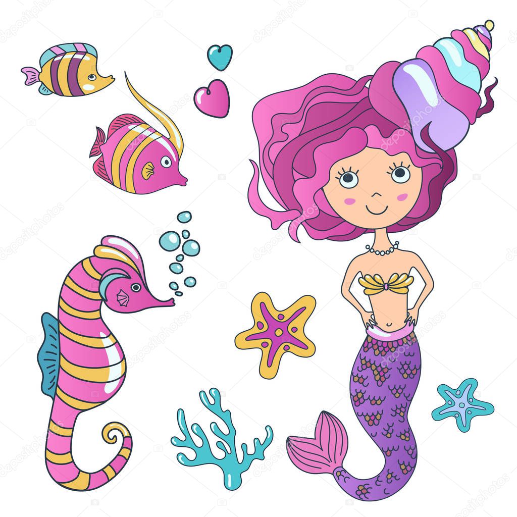 Vector Beautiful cute little siren mermaid with sea horse hippocampus, tropic fish and sea stars. Hand drawn illustration.