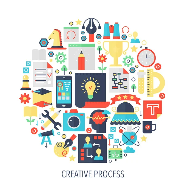 Ícones de infográficos planos de processo criativo em círculo - ilustração de conceito de cor para capa de costura, emblema, modelo . —  Vetores de Stock