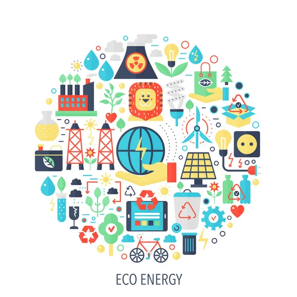 Эко-зеленая энергия плоские инфографические иконки в круге - цветовая концепция иллюстрации для обложки, эмблемы, шаблона . — стоковый вектор