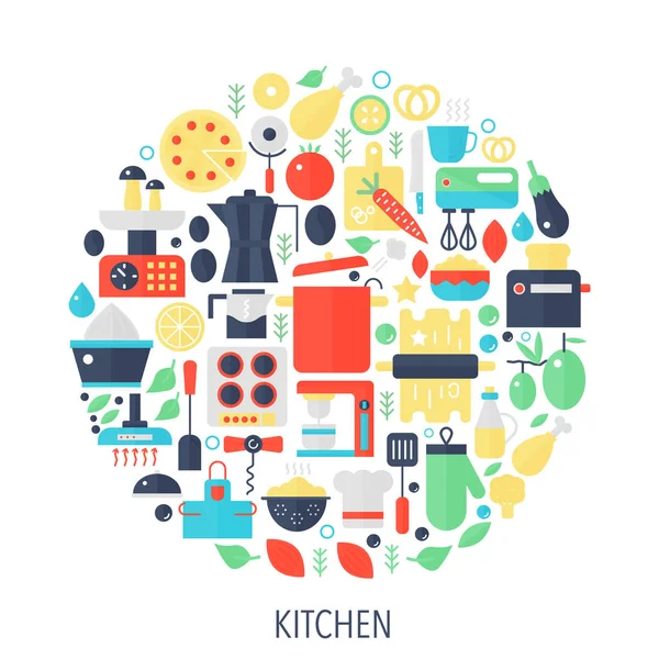 Keuken platte infographics pictogrammen in cirkel - kleur concept illustratie voor keuken cover, embleem, sjabloon. — Stockvector