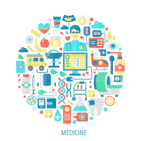 Medizin und Gesundheitswesen flache Infografiken Symbole im Kreis - Farbkonzept Illustration für Medizin Cover, Emblem, Vorlage. — Stockvektor