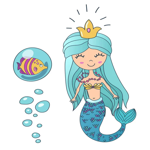 Vector mooie schattige kleine sirene zeemeermin princess met kroon en tropic vis. Hand getekende illustratie. — Stockvector