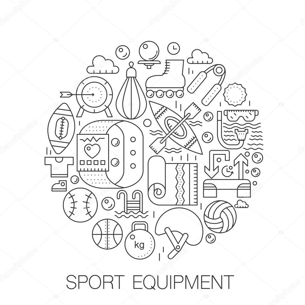 Sport equipment in circle - concept line illustration for cover, emblem, badge. Sport fitness equipment thin line stroke icons set.