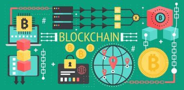 Cryptocurrency bitcoin ve blockchain ağ teknolojisi kavramı. Küresel ağ aygıtları bağlantı. Vektör blockchain poster şablonu.