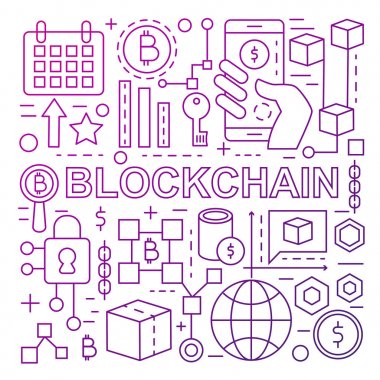 Renkli simgeler ile yapılan Blockchain teknoloji afiş şablon.