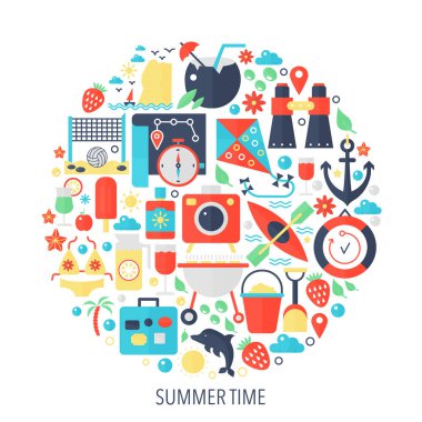 Yaz saati tatil düz infographics simgeler daire - yaz saati için renk kavramı illüstrasyon kapak, amblem, şablonu.