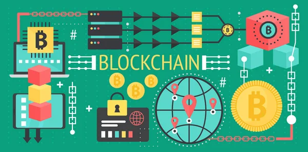Bitcoin criptomoneda y blockchain concepto de tecnología de red. Conexión de dispositivos de red global. Vector blockchain plantilla de póster . — Vector de stock