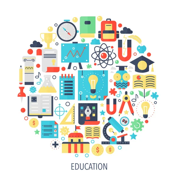 Universiteit, school onderwijs platte infographics pictogrammen in cirkel - kleur concept illustratie bij onderwijs cover, embleem, sjabloon. — Stockvector