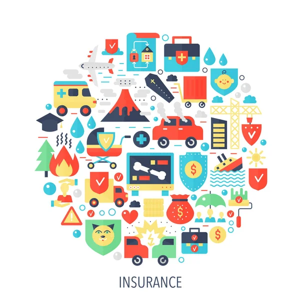 Insurance flat infographics icons in circle - color concept illustration for health, life, car insurance cover, emblem, template. — Stock Vector