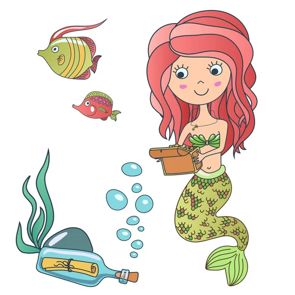 Vector Hermosa linda sirena pequeña princesa sirena con pescado, cofre del tesoro y botella con una nota. ilustración dibujada a mano . — Archivo Imágenes Vectoriales