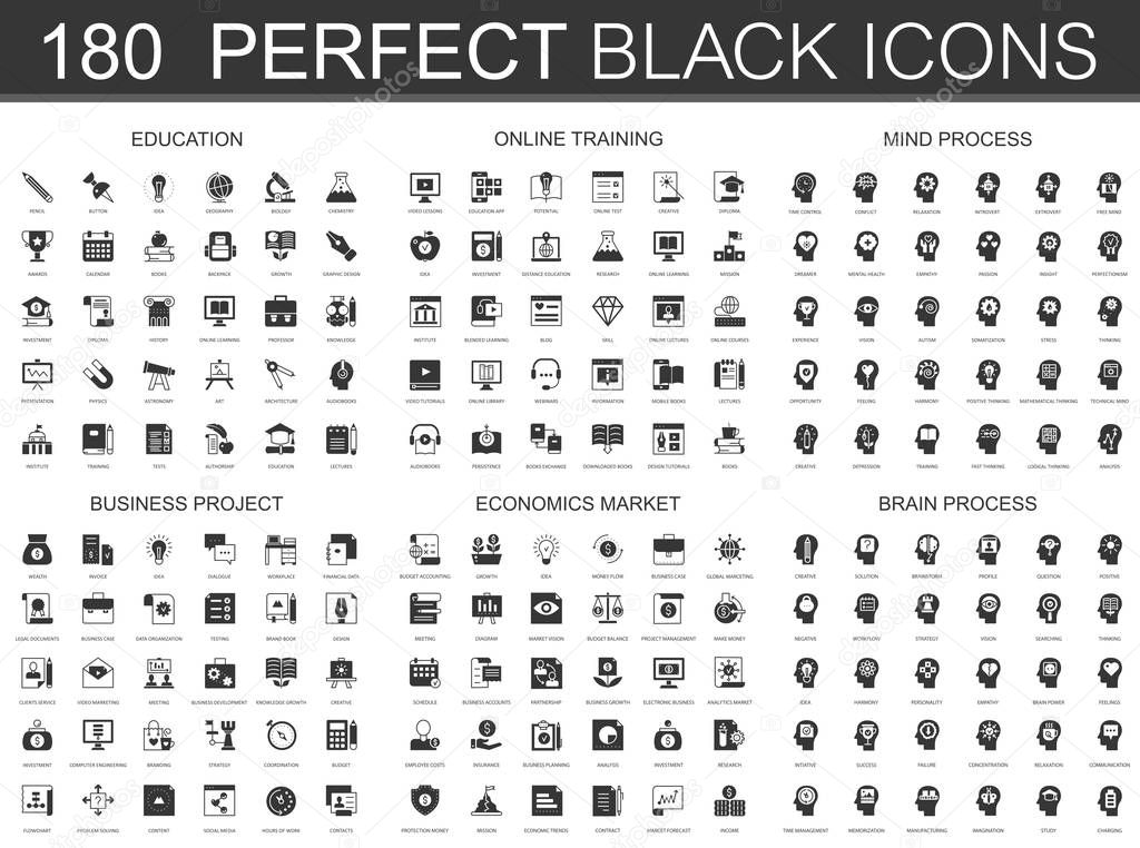 Education, online learning, brain mind process, business project, economics market black classic icon set.