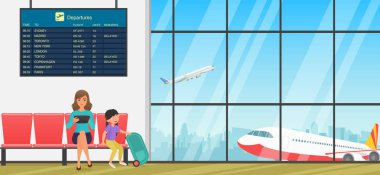 Airport waiting room or departure lounge with chairs, information panels and people. Terminal hall with airplanes view. clipart