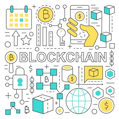 Blockchain metin ve küresel ağ ekonomi kavramı blockchain simgeler öğeleri ile.