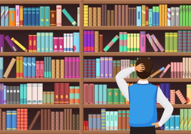 Genç adam bir kitap kütüphanede seçer. Vectror illüstrasyon.